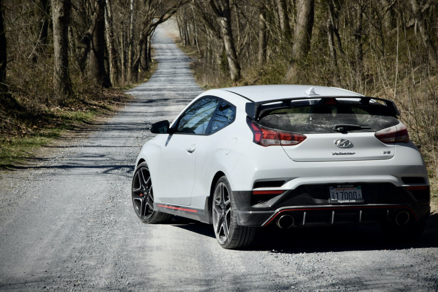Hyundai Veloster N rear end from driver's side on a dirt path.