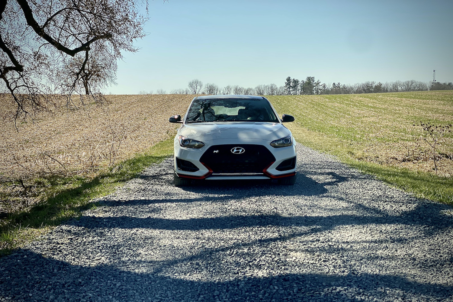 Hyundai Veloster N front end on a dirt path in a field.