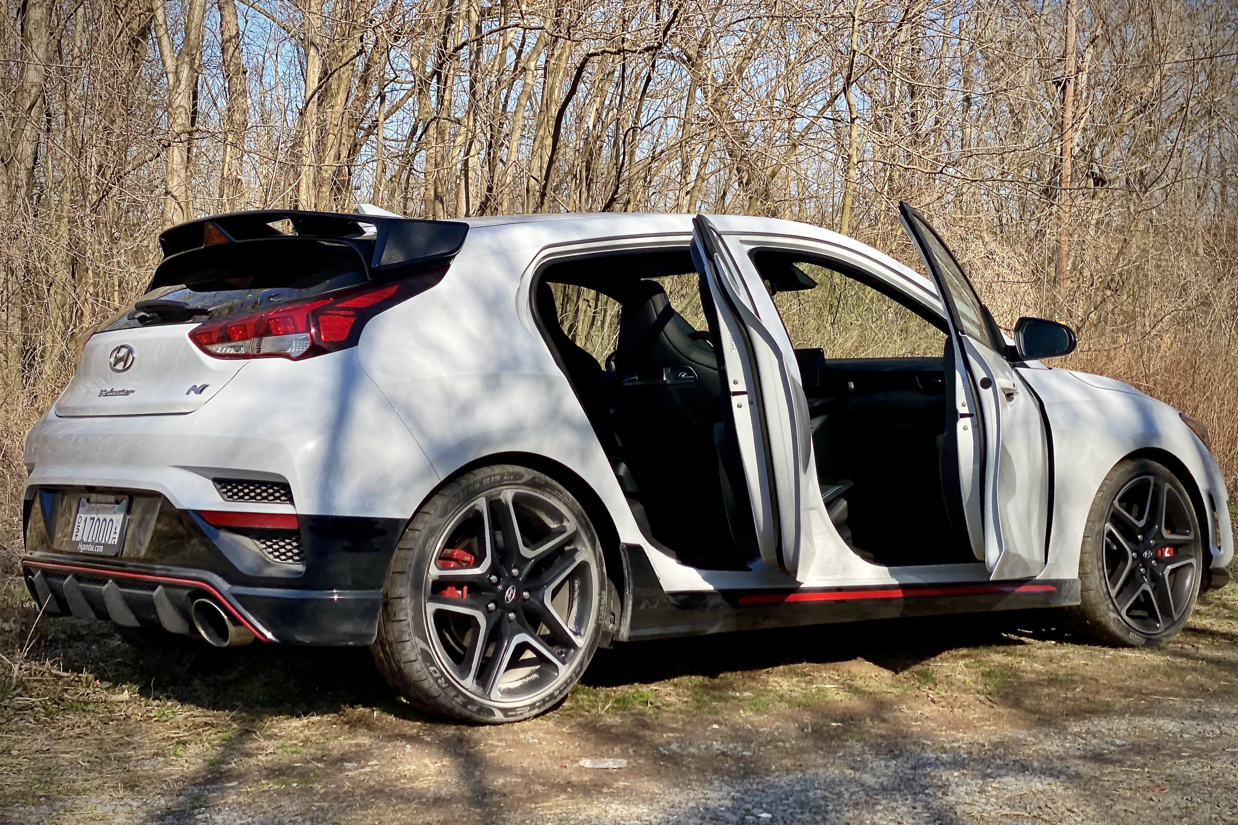 Hyundai Veloster N side profile with doors open from passenger side in front of trees.