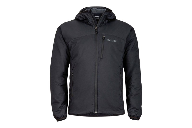 A black Marmot WarmCube Novus Hoody on white background.