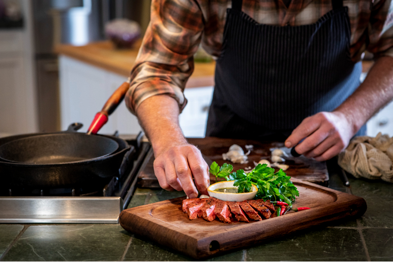 A Meati whole-cut steak shaped from fermented mycelium, an alternative meat product.