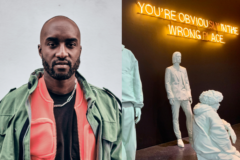 Virgil Abloh at Paris Fashion Week 2019. On the right, an image of his "You're Obviously in the Wrong Place," 2015-2019 career retrospective at the Institute of Contemporary Art in Boston, 2021.