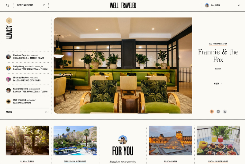 screen shot of well traveled website showing a lobbing, places to visit, and activity on the website.
