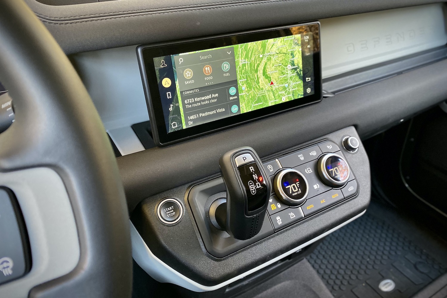 Close up of Land Rover Defender center console from above.