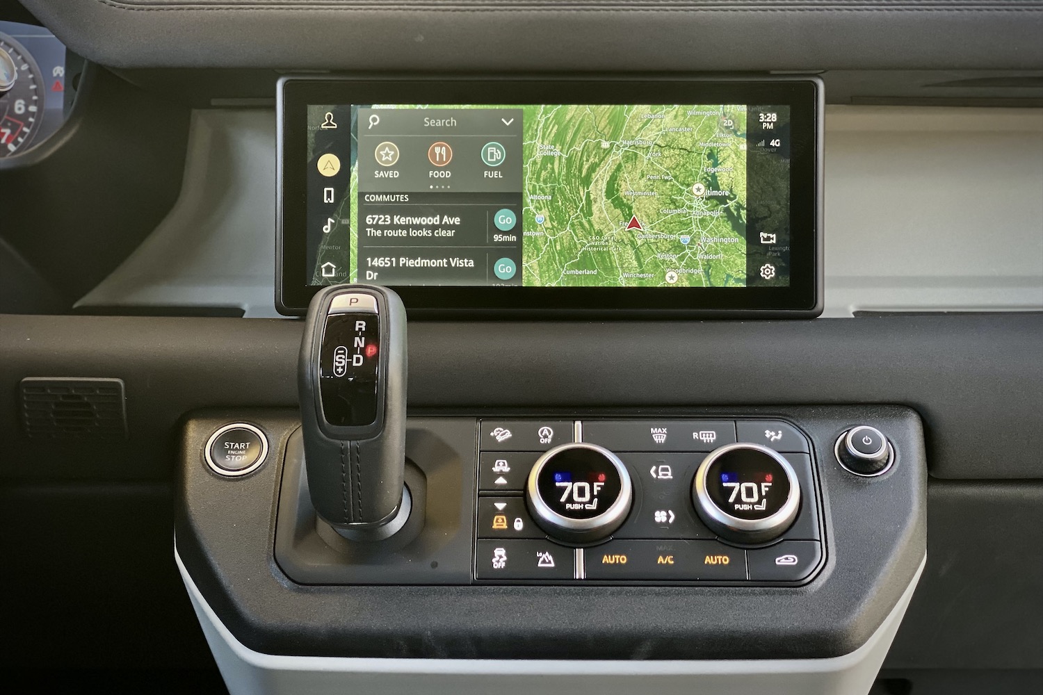 Close up of Land Rover Defender center console.