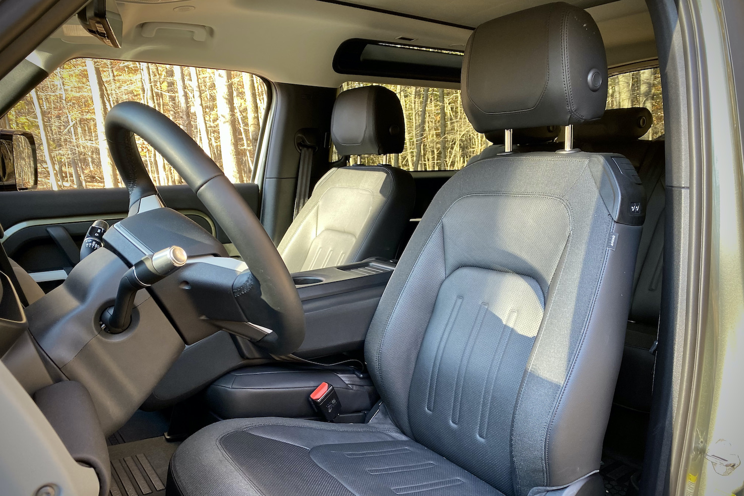 Driver's side seat in Land Rover Defender.