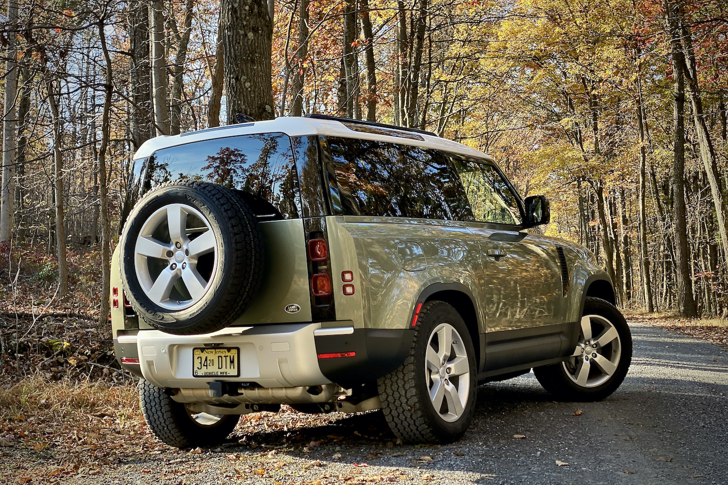 Land Rover rear end angle from passenger's side on a gravel road.