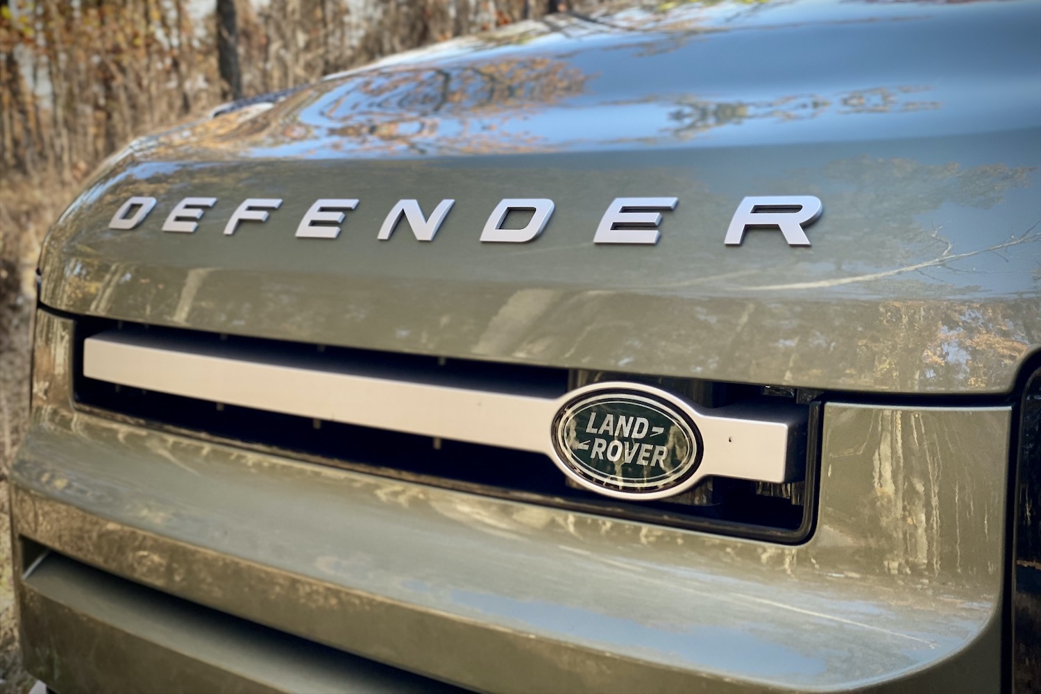 Close up of Land Rover Defender badge and grille.
