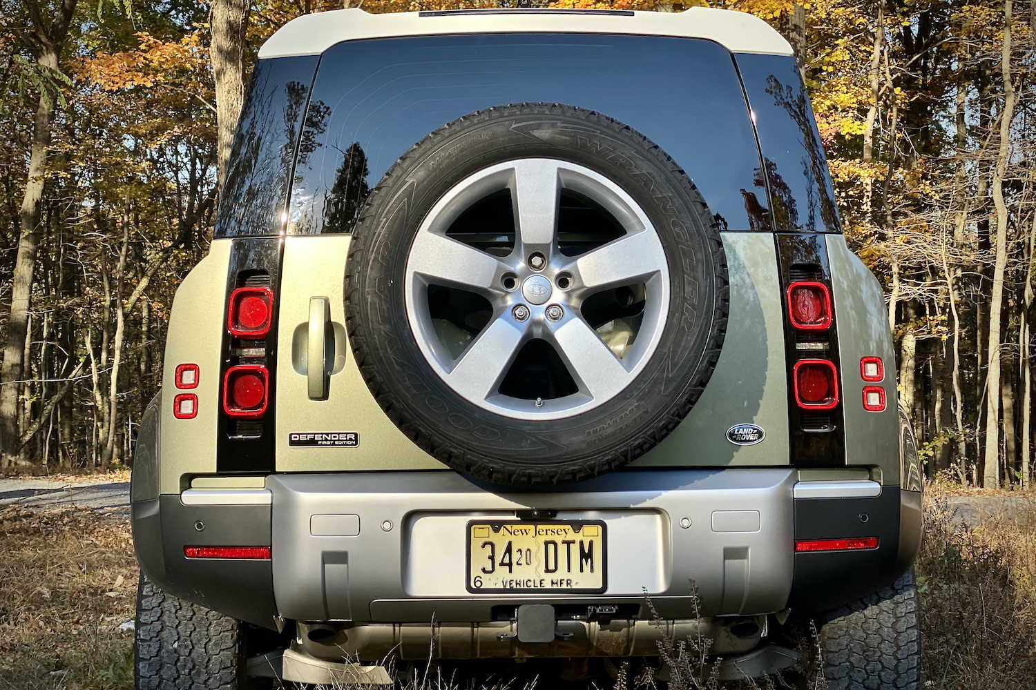 Close up of Land Rover Defender spare tire on liftgate.