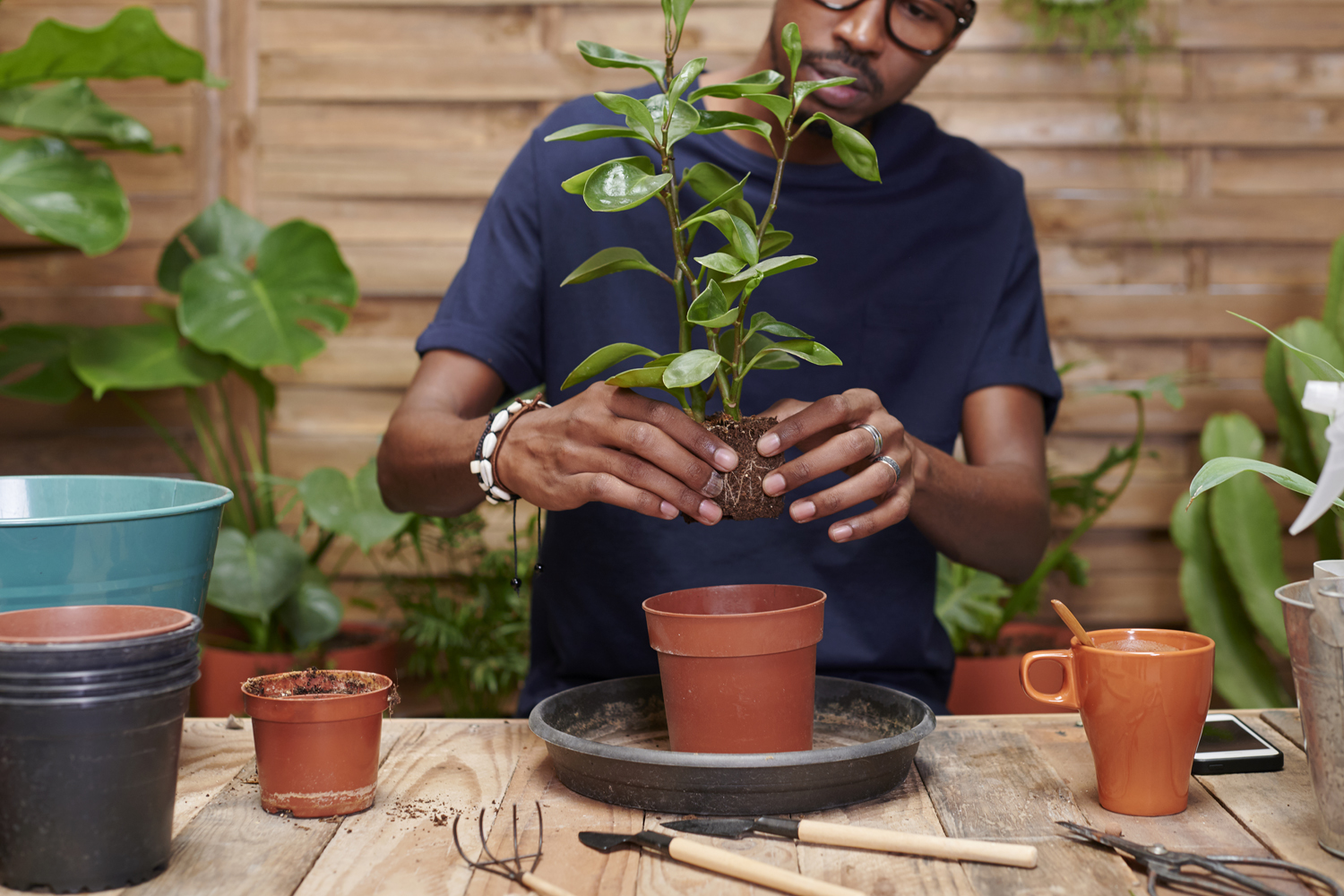 A man repotting a plant in his workspace.