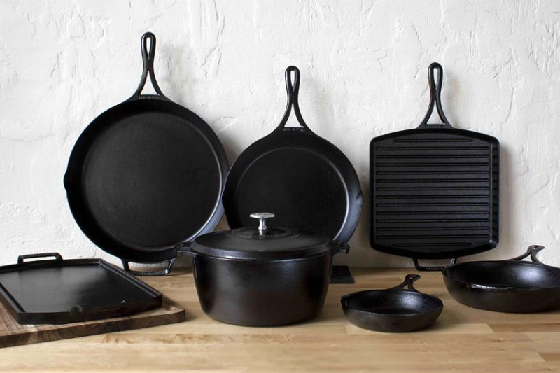Cast iron set on a kitchen counter.