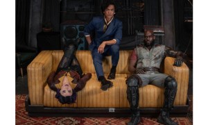 Cowboy Bebop original promo art from Netflix —John Cho as Spike Siegel (center), Mustafa Shakir as Jet Black (right), and Daniella Pineda as Faye Valentine (left).