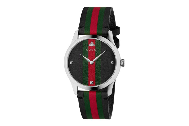A Gucci G-Timeless Leather Strap Watch on white background.