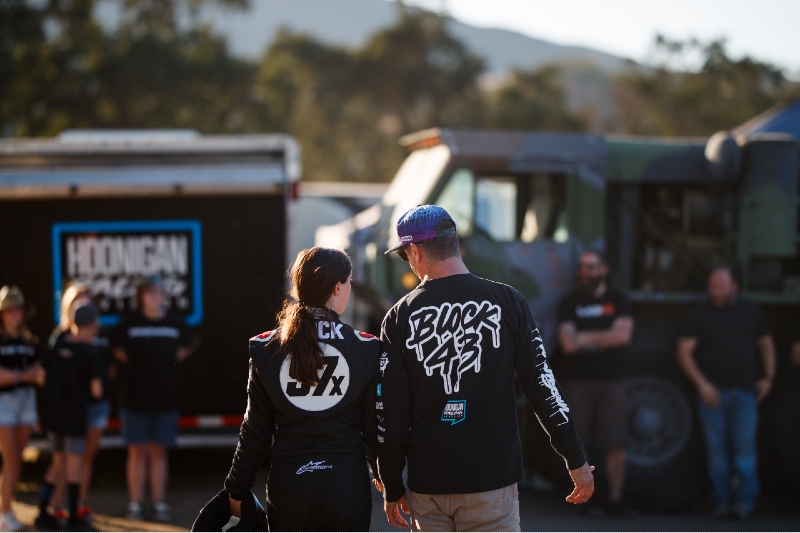 Head-Hoonigan-in-charge, Ken Block, commiserates with his 14-year-old daughter, Lia Block.