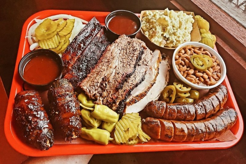 Hutchins BBQ Red Platter, brisket, sausage, potato salad.