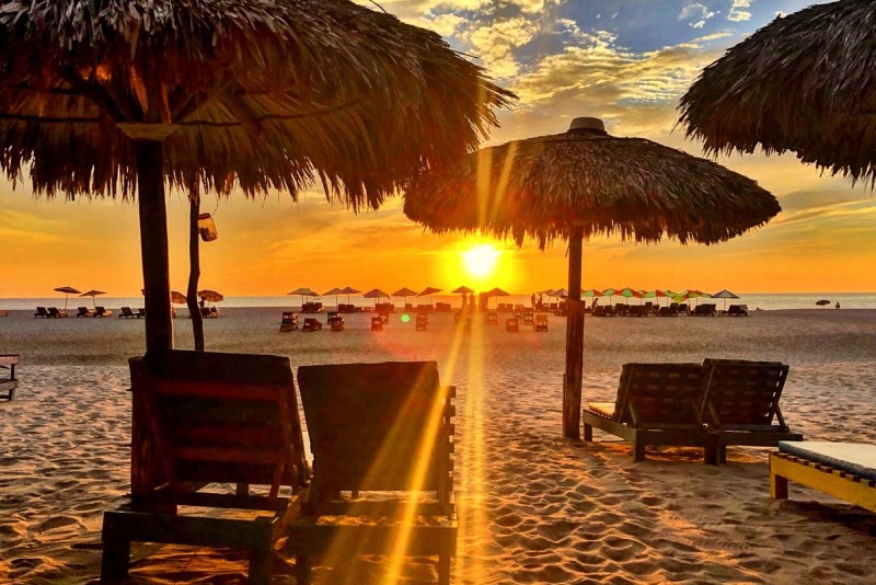 chairs and palm tree umbrellas on the beach during a sunset.