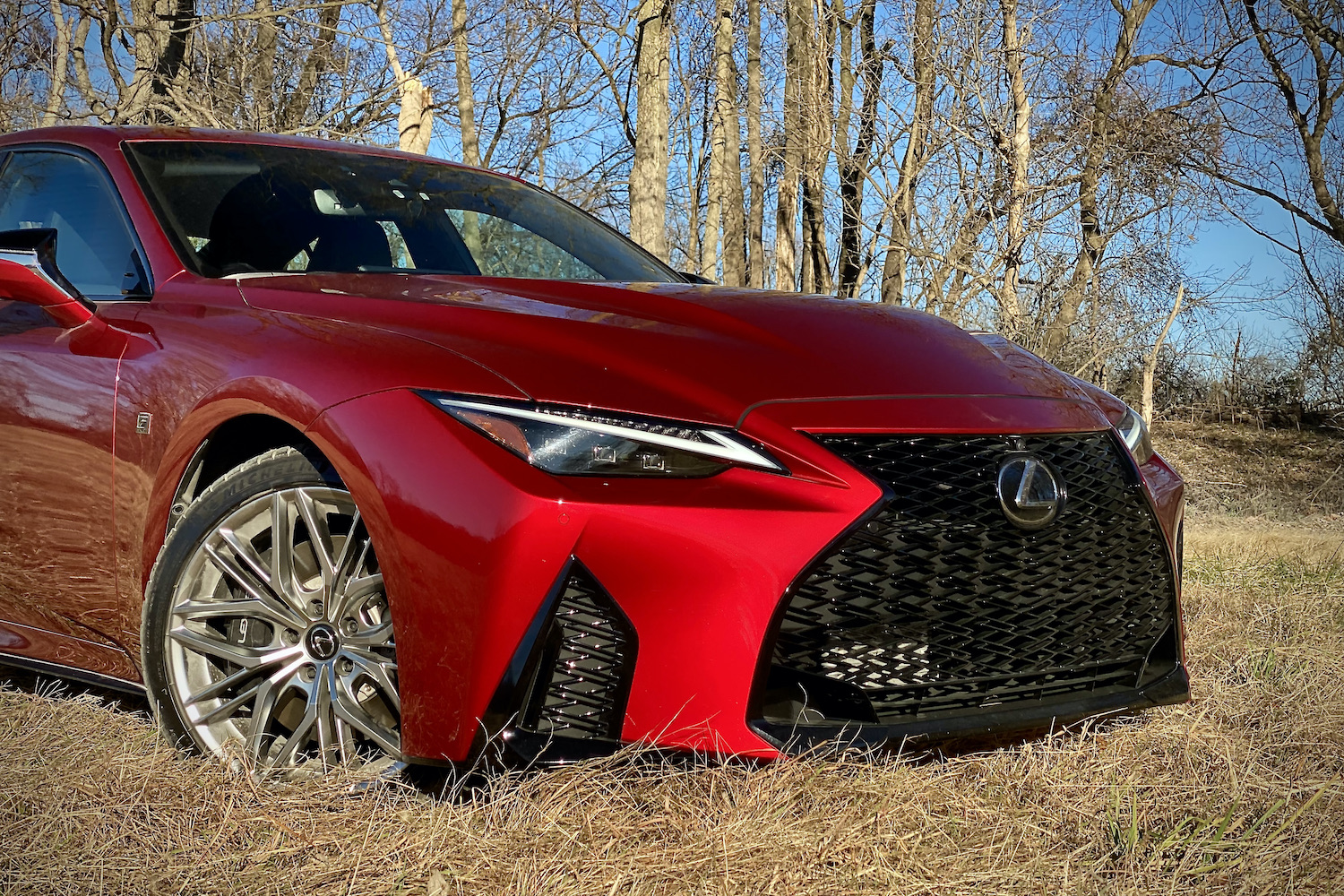 Front end close up of Lexus IS 500 from passenger's side in a grassy field.