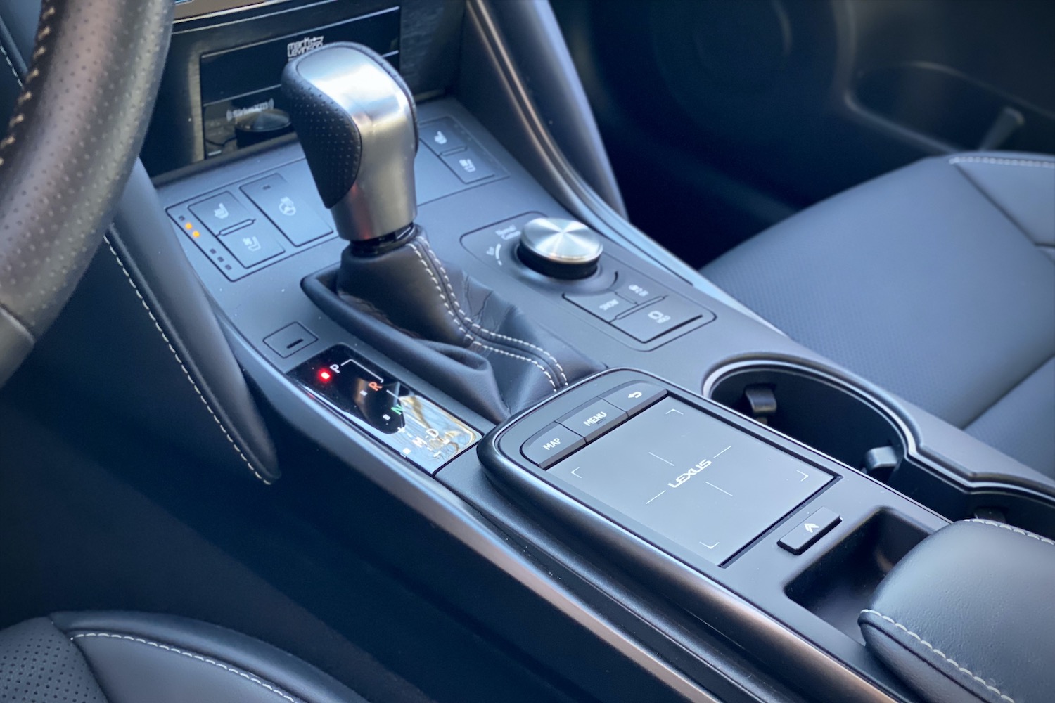 Close up of center console in Lexus IS 500 from driver's side.