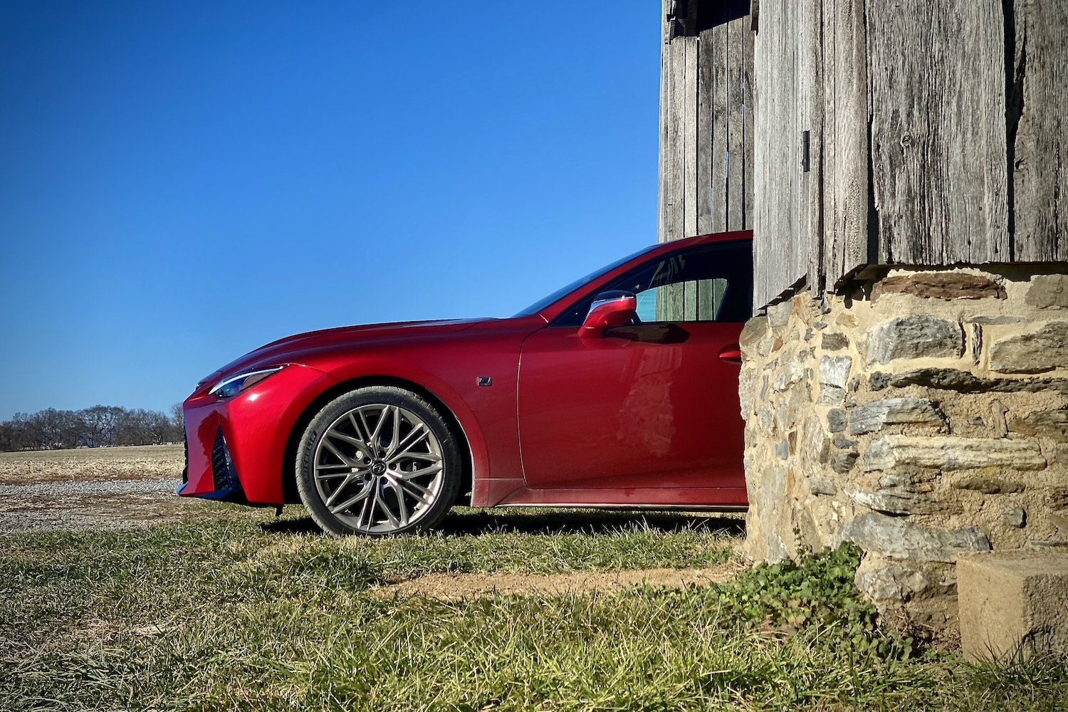 Side profile of front end of Lexus IS 500 from driver's side.