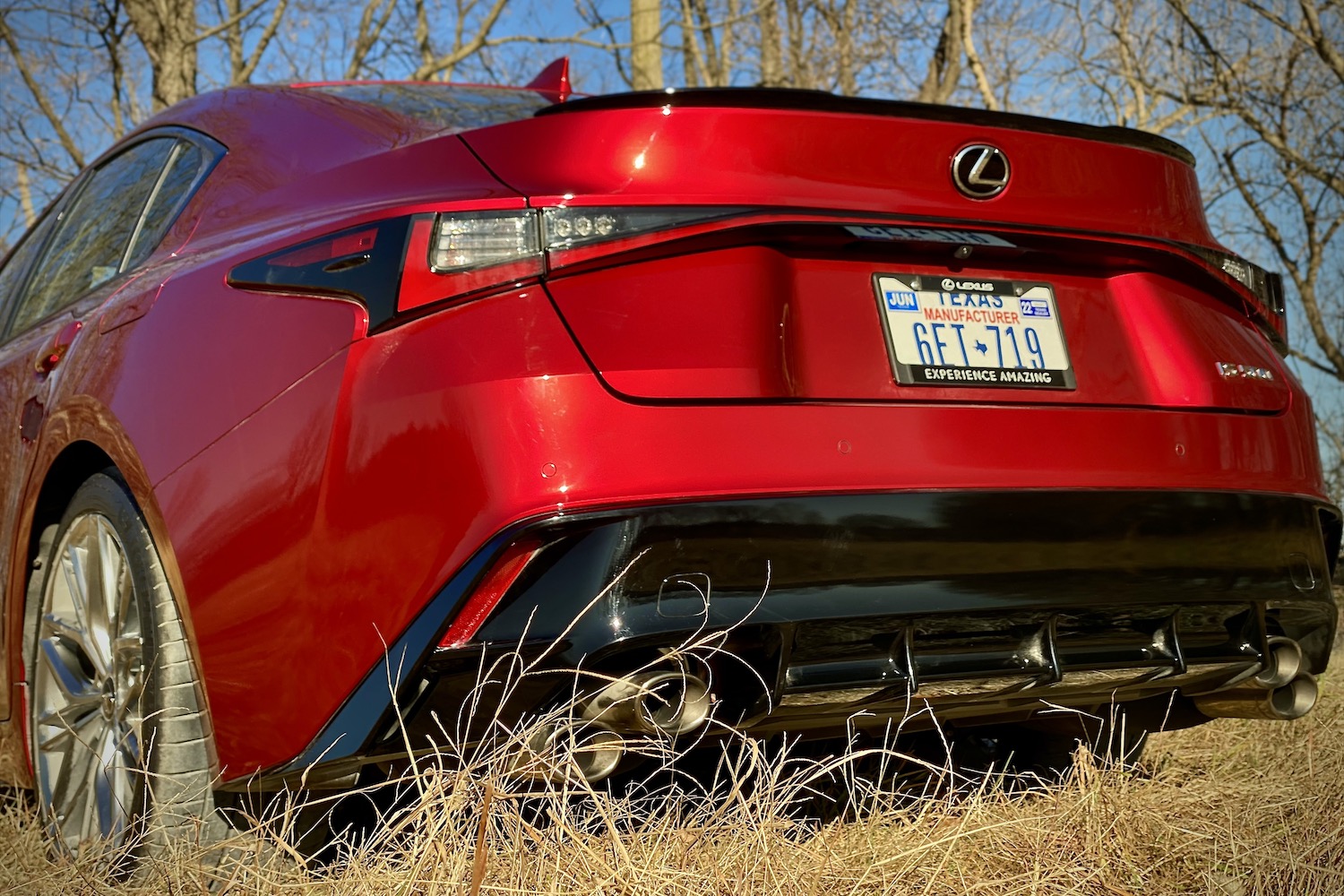 Lexus IS 500 close up rear end from driver's side in a grassy field.