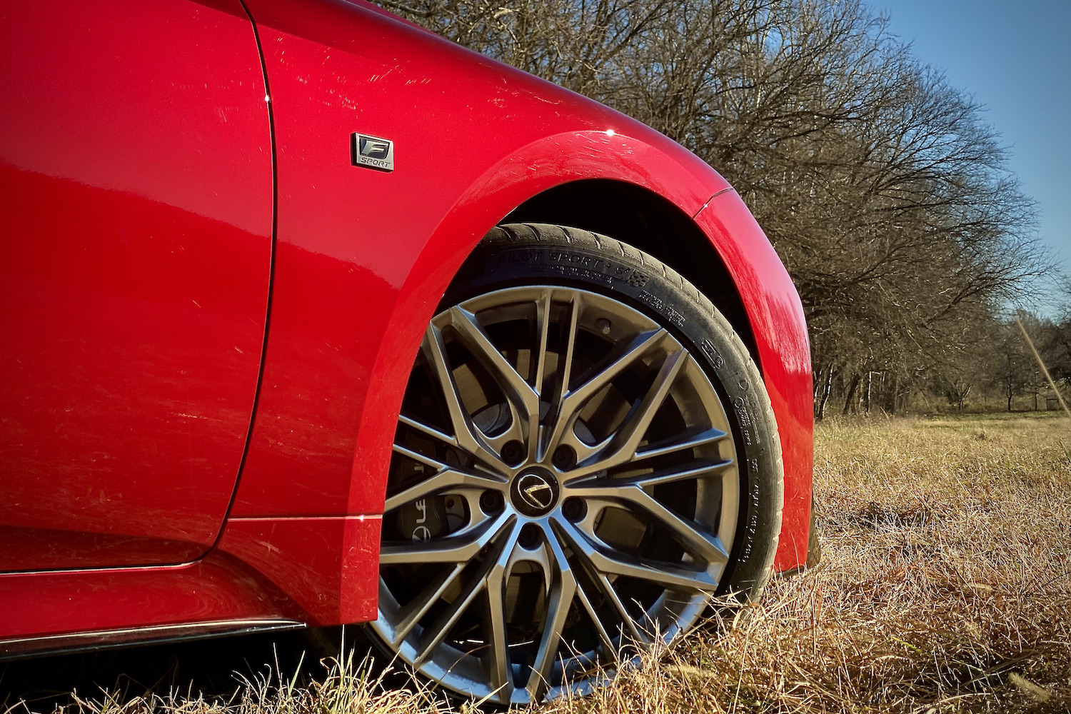 Close up of Lexus IS 500 front passenger's side wheel in a grassy field.