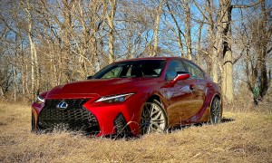 Lexus IS 500 front end from driver's side with trees in the back.