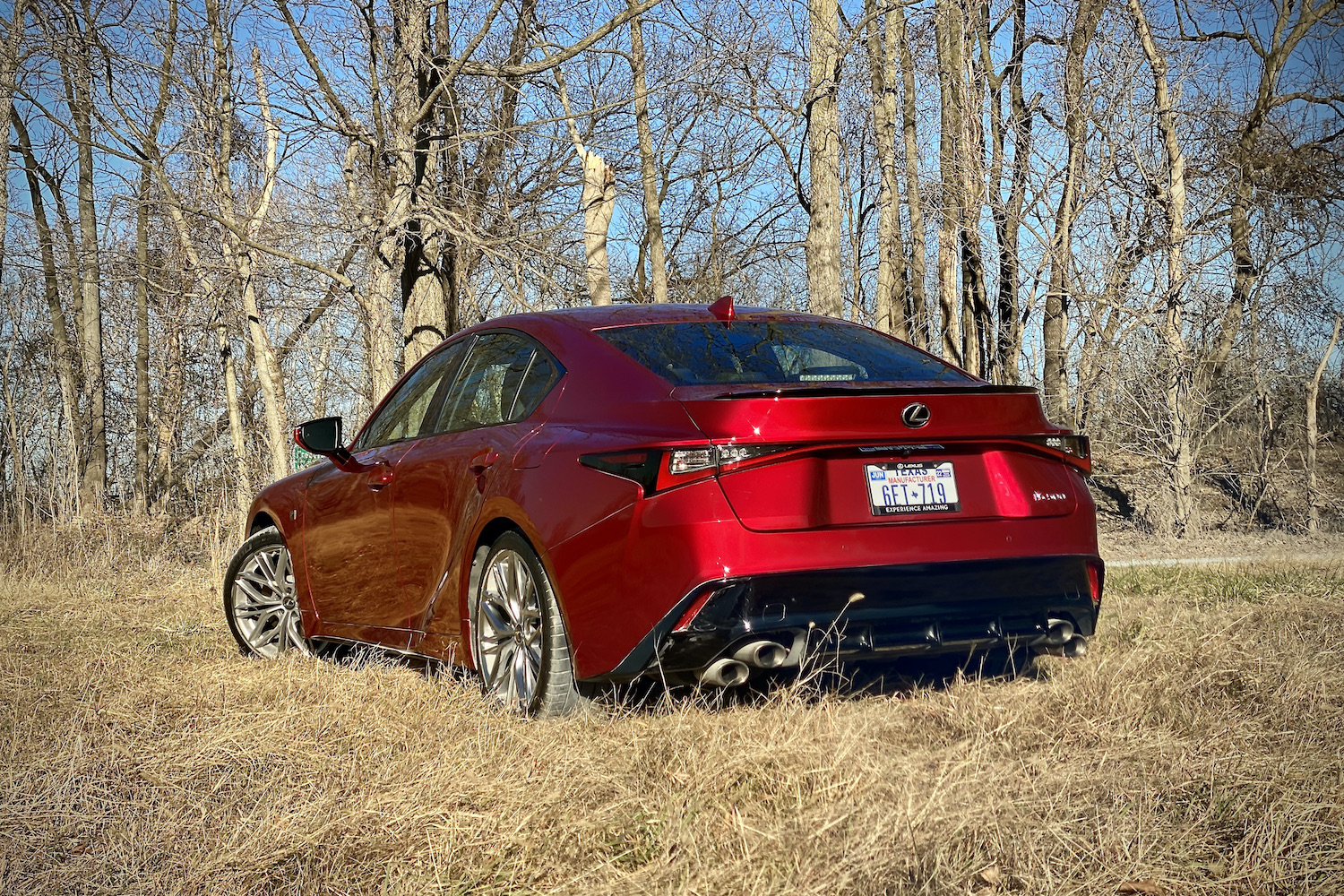 Lexus IS 500 rear end from driver's side angle in a grassy field.