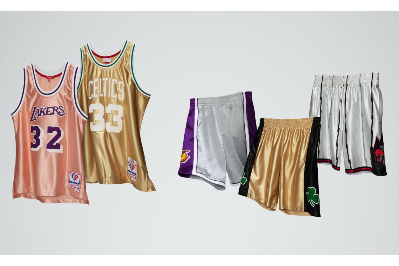 Mitchell & Ness's 75th NBA Anniversary Season release of silver, platinum, gold, and rose shorts and tank tops.