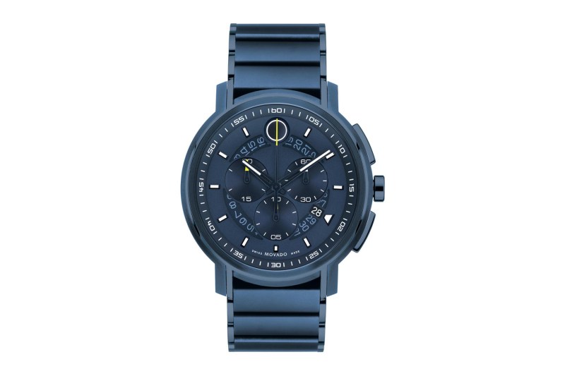 A blue Movado Strato Chronograph on white background.