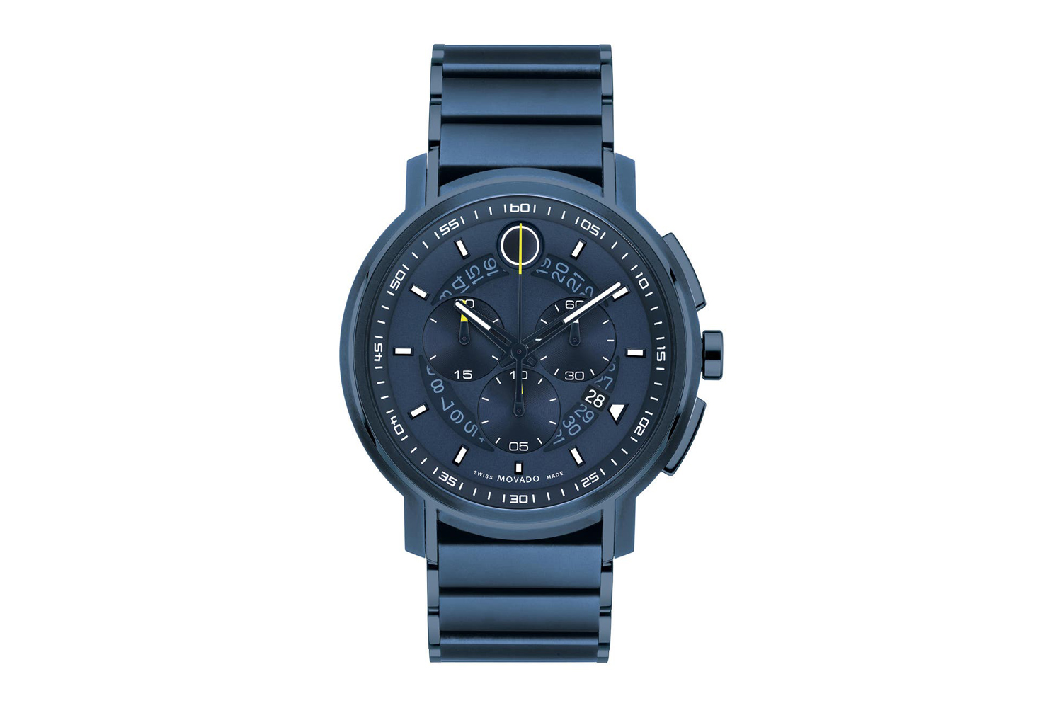 A blue Movado Strato Chronograph on white background.