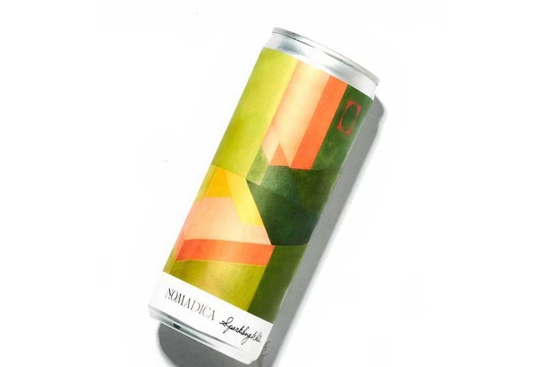 A can of Nomadica Sparkling White on white background.