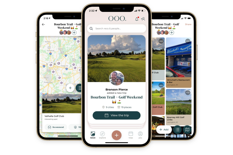 The Out of Office App, seen here, offers tips on eats, entertainment, and stays via your trusted network of friends and family.