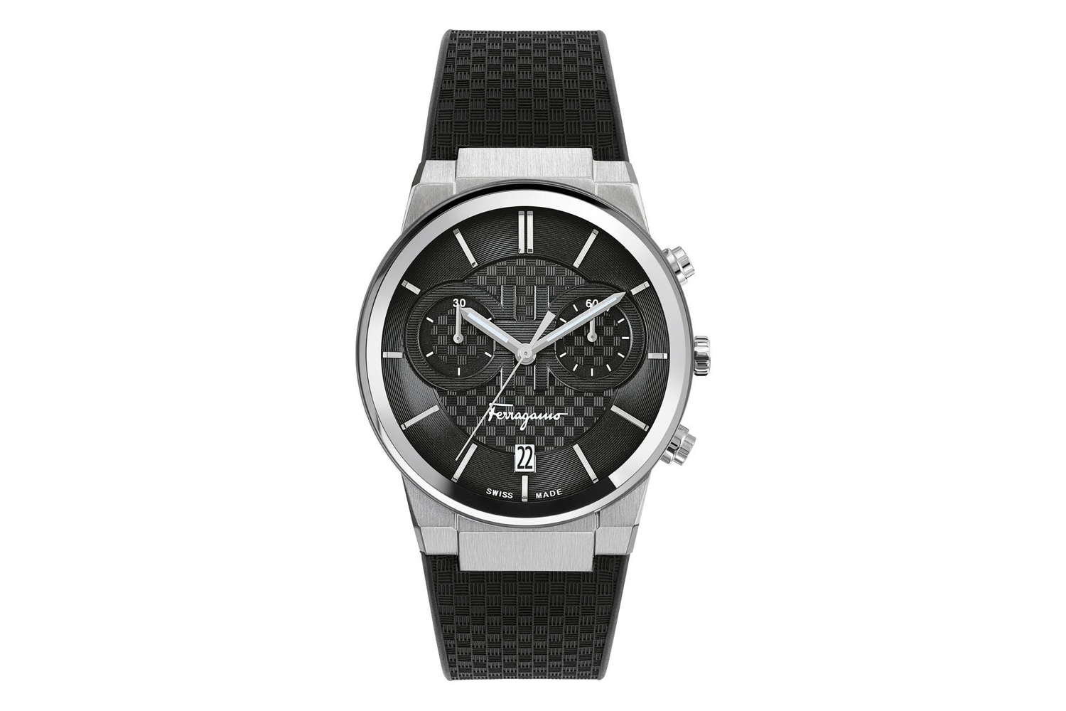 A black Salvatore Ferragamo Sapphire Chronograph on plain background.