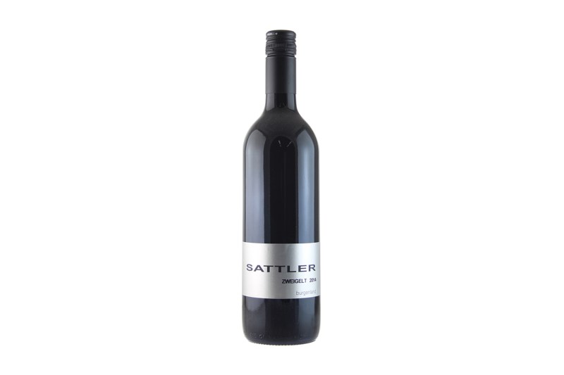 An unopened bottle of Sattler Zweigelt on plain background.