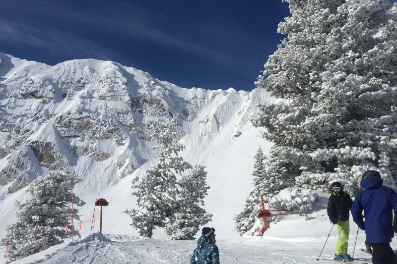 Snowbasin Ski Resort in Utah on a sunny, February 2019 day.