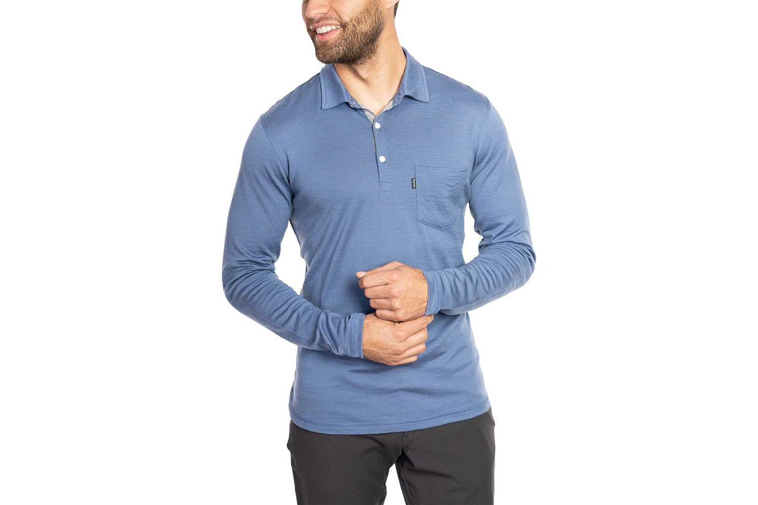 Woolly Clothing Men's Merino Wool Rugby Polo on a white background.