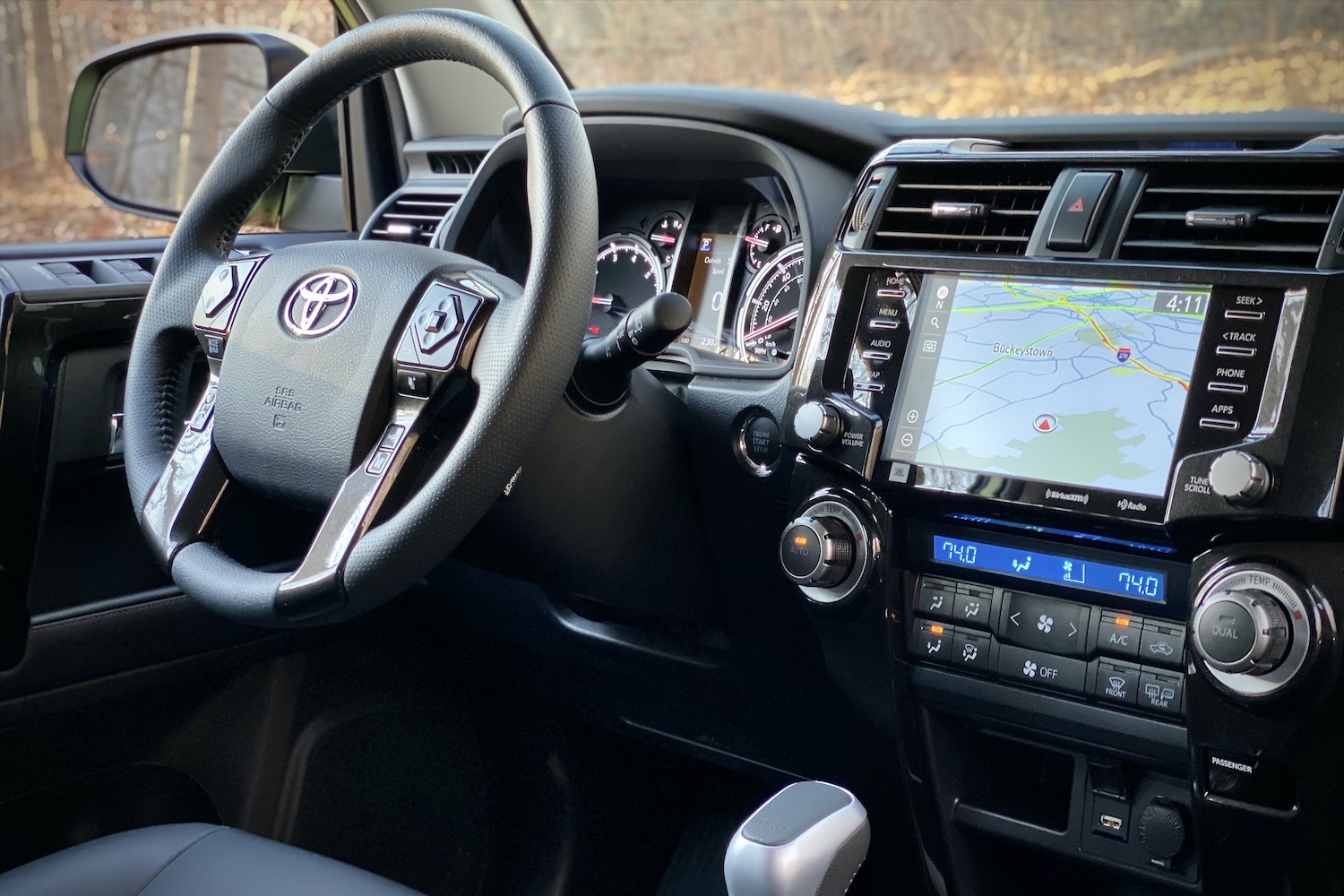 Close up of steering wheel of Toyota 4Runner TRD Pro from driver's side.