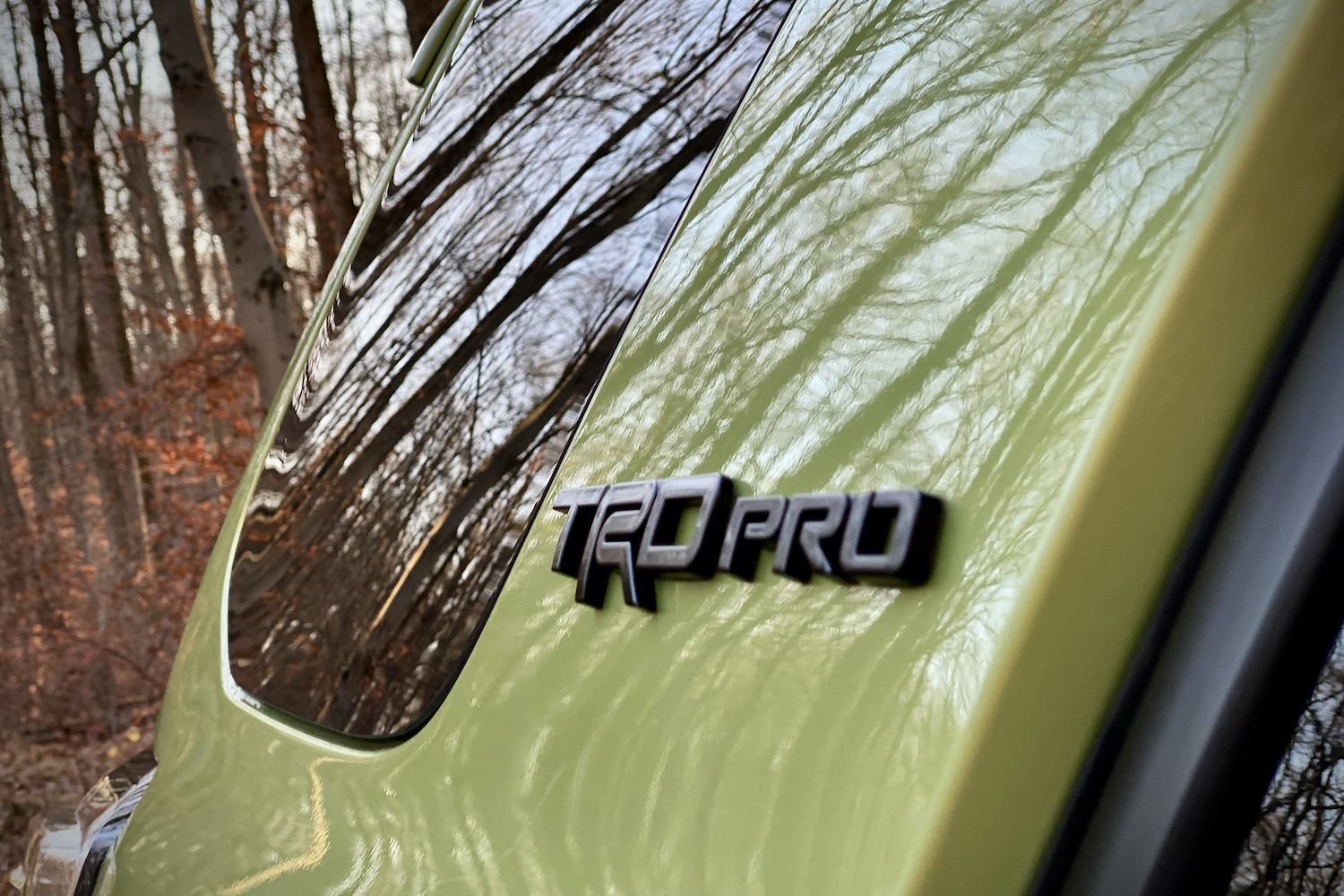 Rear badges on Toyota 4Runner TRD Pro with trees in the back.