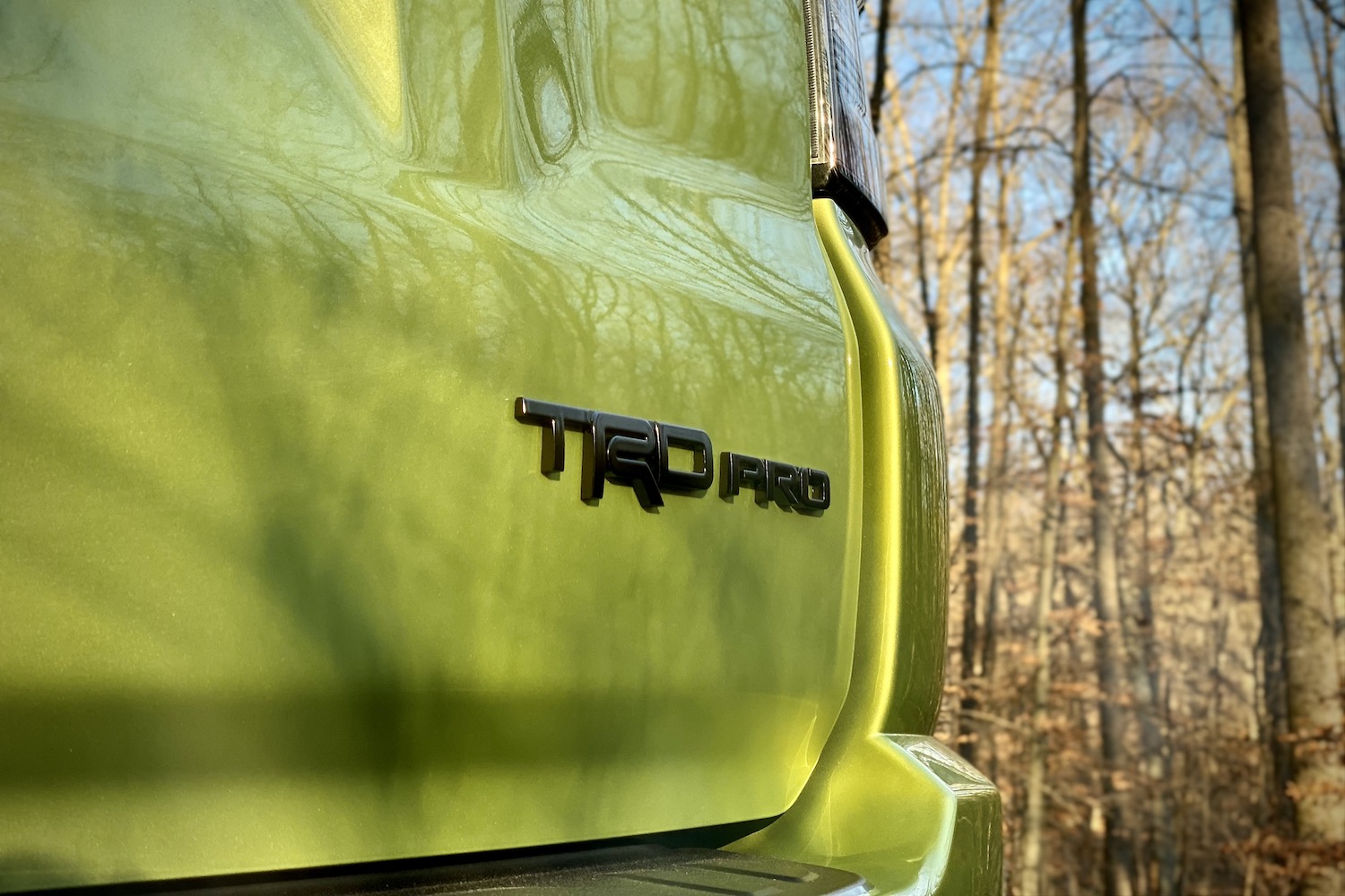Rear liftgate badge on Toyota 4Runner TRD Pro in front of trees.
