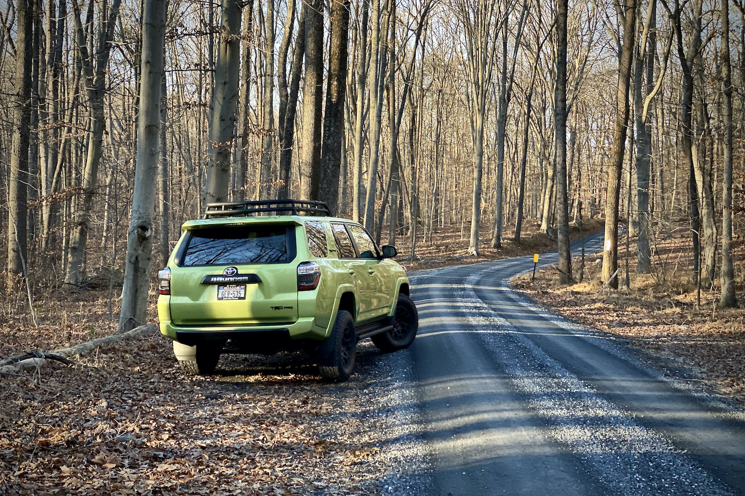 Rear end of Toyota 4Runner TRD Pro from passenger's side on dirt path.