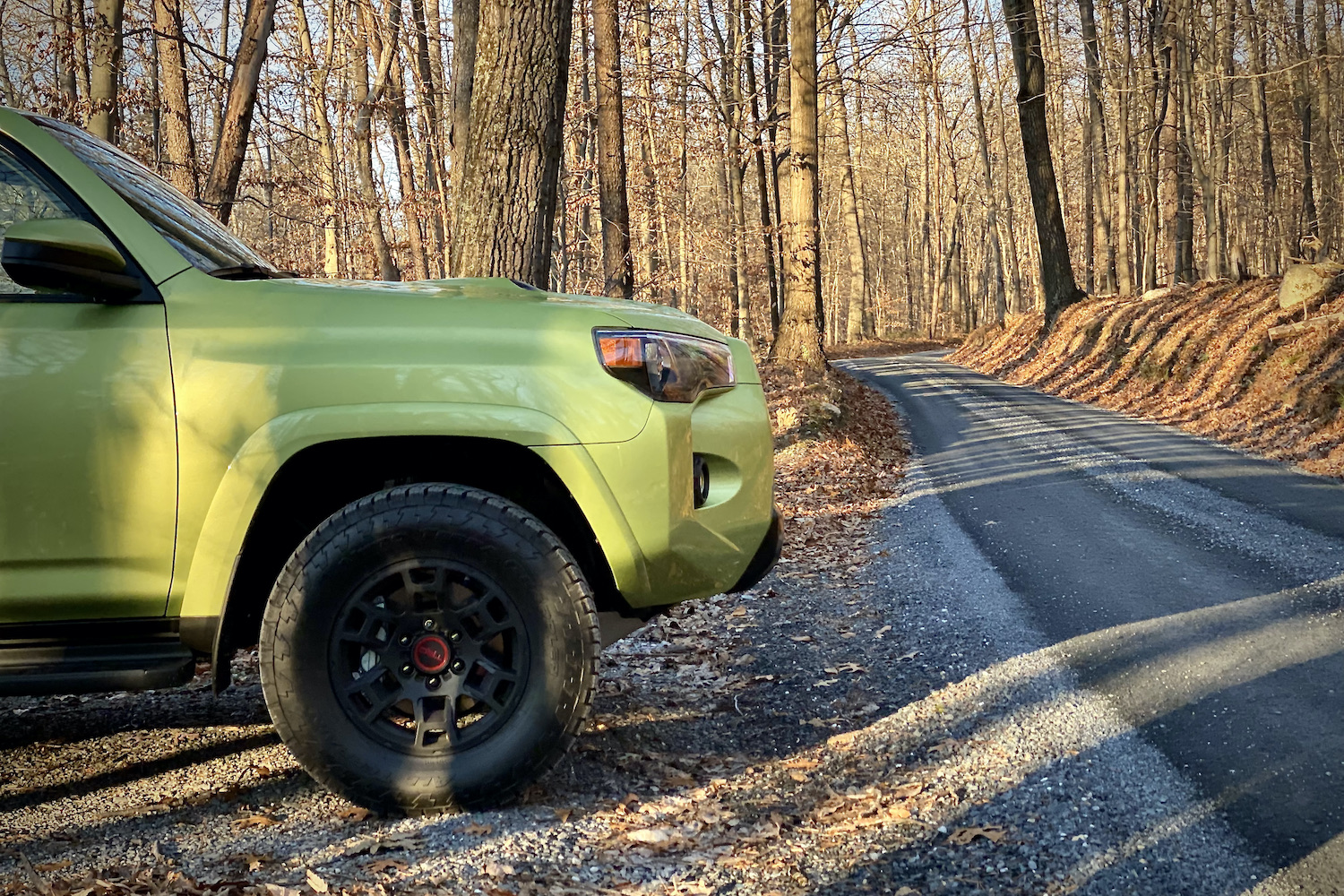 Front end of Toyota 4Runner TRD Pro on gravel trail.