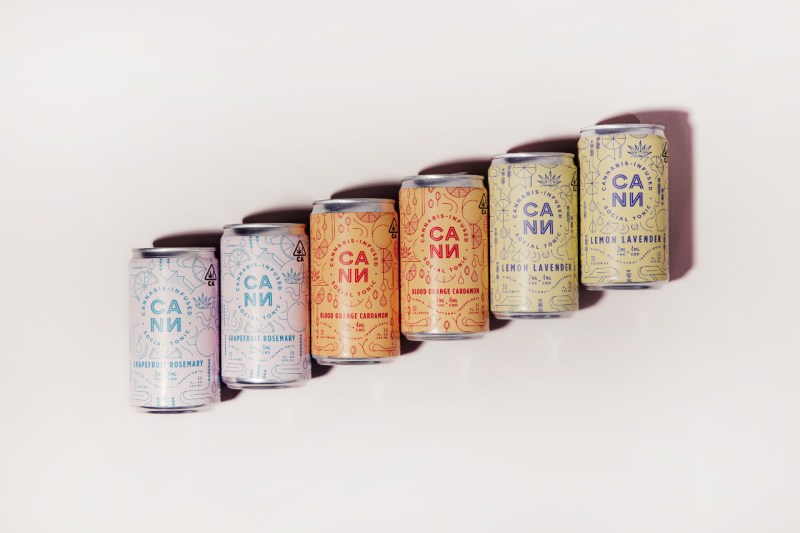 A line of six cans of Cann cocktails with blank background