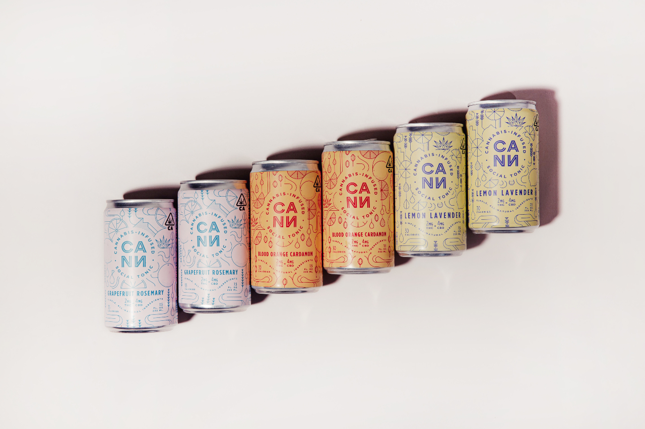 A line of six cans of Cann cocktails with blank background
