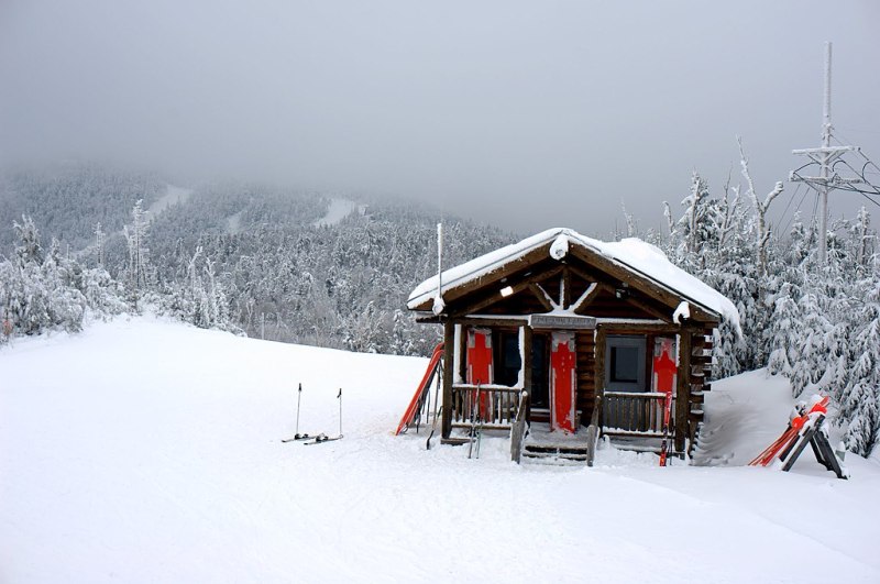 Exterior of a cabin in the snow
