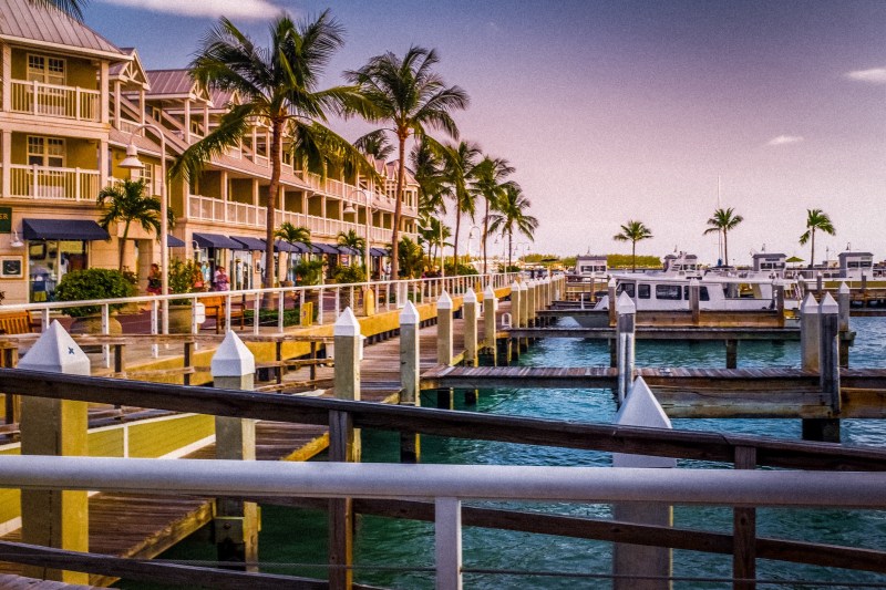 View of the sea and some restaurants in Key West.