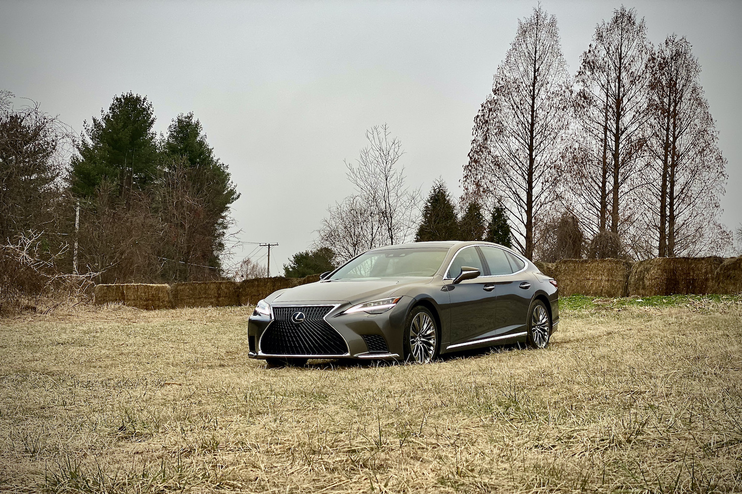 The side profile of the 2021 Lexus LS500 from driver's side with trees in the back.