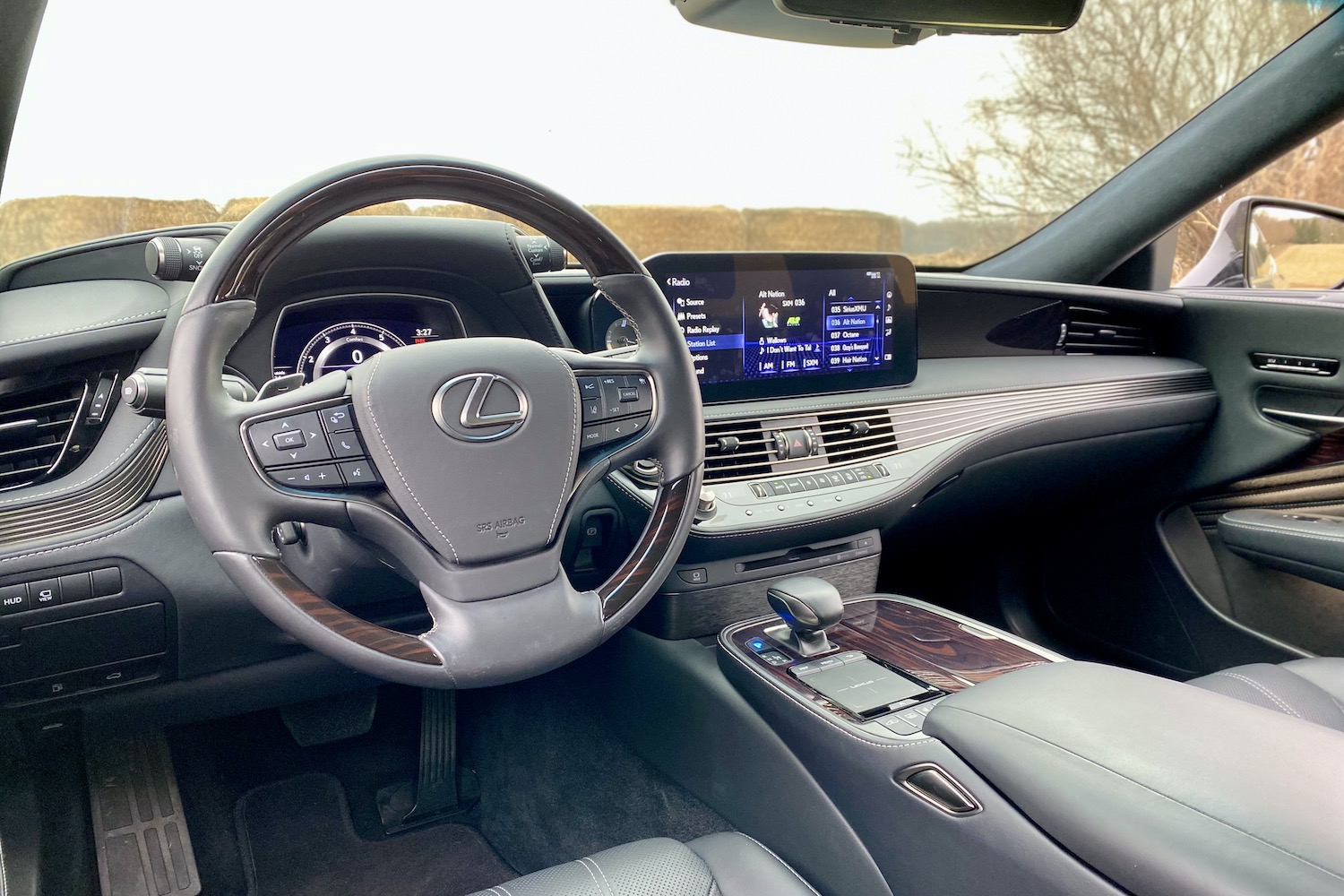 A close-up of the dashboard of the 2021 Lexus LS500 from driver's seat.