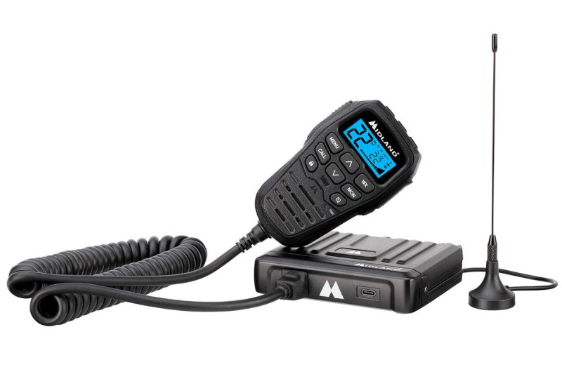 Midland MXT275 MicroMobile Two-Way Radio on a white studio background.