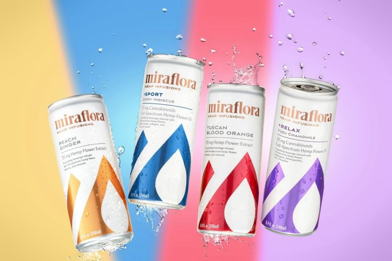 Four cans of Miraflora beverages against yellow, blue, red and purple background