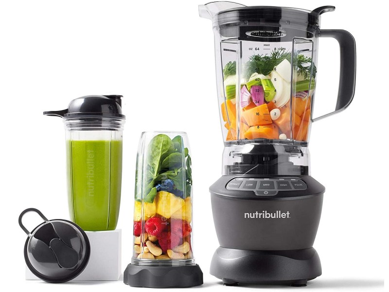 The Nutribullet Blender Combo with various ingredients inside the pitcher and single-serve cup.